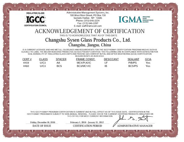 China Changshu Sysen glass products Co. Ltd. certificaciones