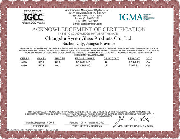 China Changshu Sysen glass products Co. Ltd. certificaciones